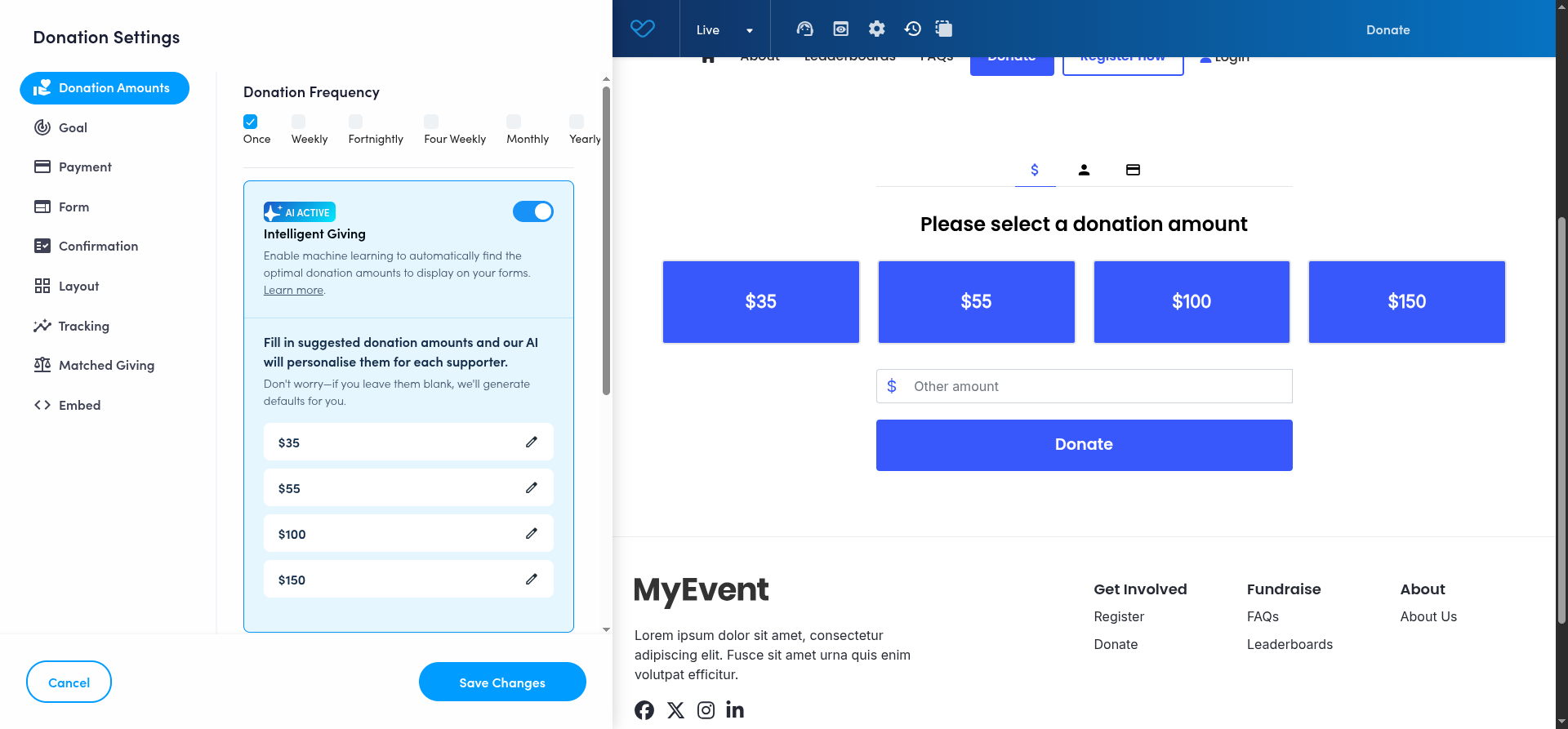 Funraisin Visual Builder with Intelligent Giving active and donation handles changed to $35, $55, $100 and $150