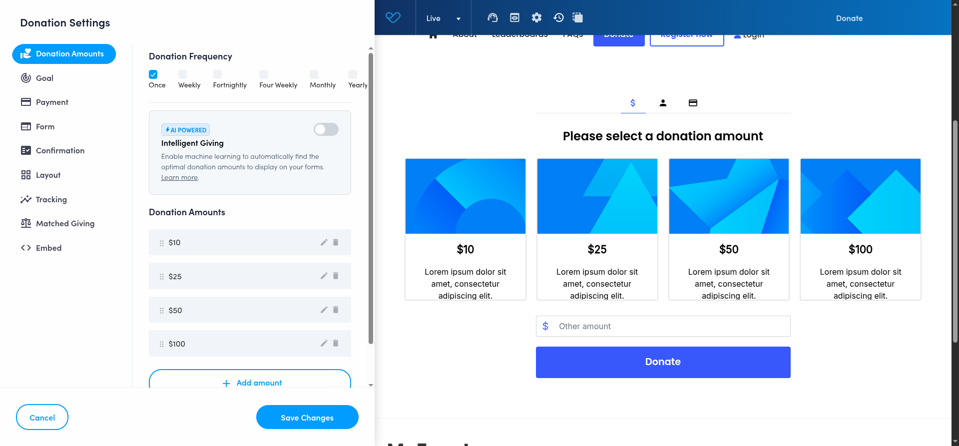 Funraisin Visual Builder with Intelligent Giving switched off and manual donation handles of $10, $25, $50 and $100
