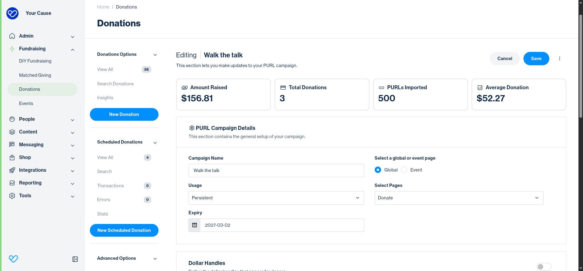 Funraisin PURL campaign editor showing 500 imported records with persistent usage, an expiry date and a selected donation page